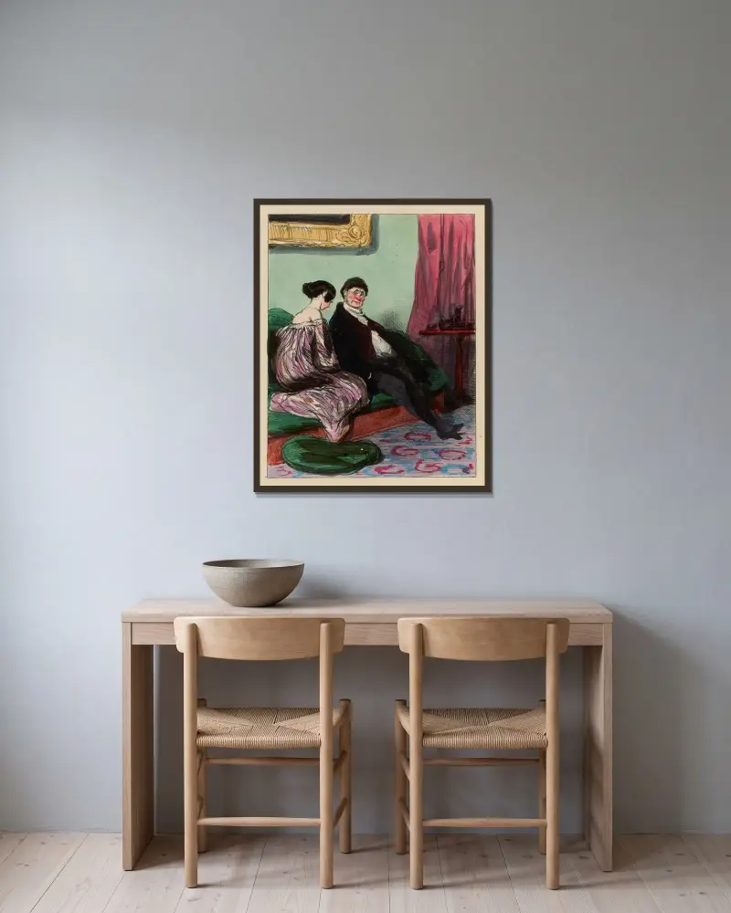 Mais qu’elle est donc la femme qui ne serait pas heureuse et fière de vous appartenir, mon Jules av Paul Gavarni inramad på en vägg