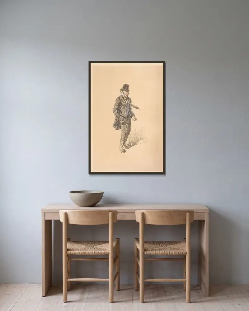 Mann mit Regenschirm von Paul Gavarni gerahmt an einer Wand