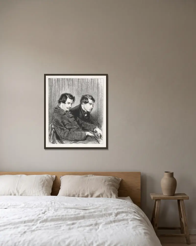 Masker och ansikten; Pappersherrar, 1. Edmond och Jules de Goncourt av Paul Gavarni inramad på en vägg