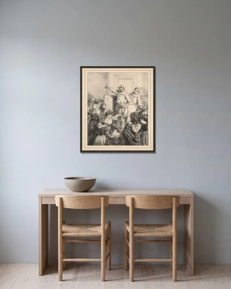 Minnen från karnevalen, nr 2; Ett lotteri av Paul Gavarni inramad på en vägg