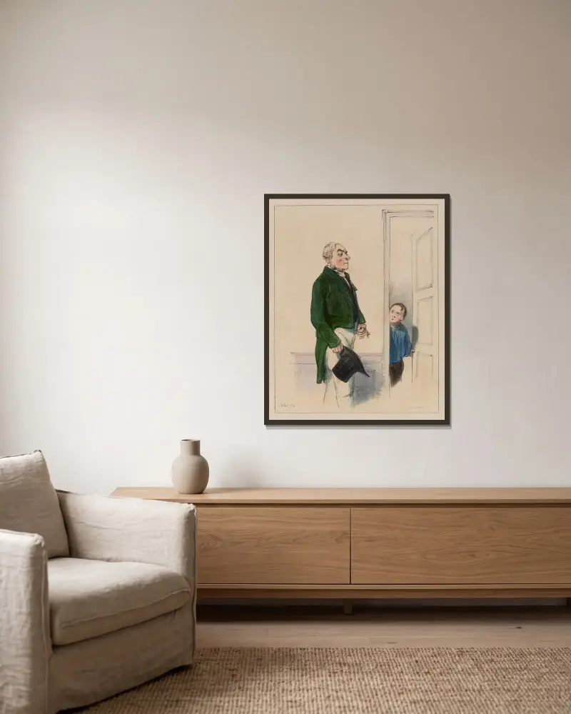 Herrn, man kan inte se pappa, han håller på att gå i konkurs av Paul Gavarni inramad på en vägg