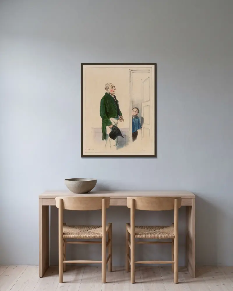 Herrn, man kan inte se pappa, han håller på att gå i konkurs av Paul Gavarni inramad på en vägg