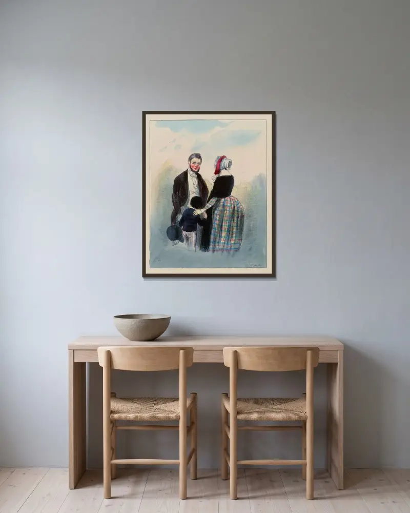 N’est-ce pas, Mosieu Prud’homme, qu’il ne faut pas mettre un H à omelette. là vois-tu M’man von Paul Gavarni gerahmt an einer Wand