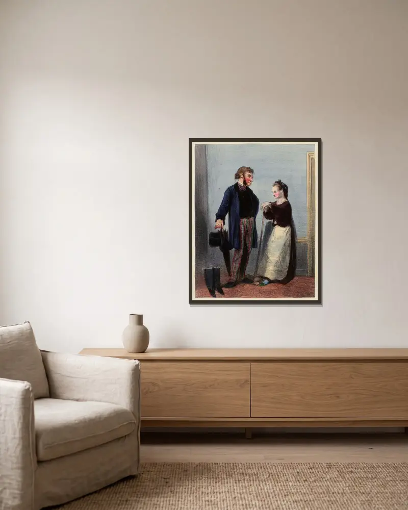 Man kann nicht mit Mademoiselle sprechen, sie macht sich die Nägel von Paul Gavarni gerahmt an einer Wand