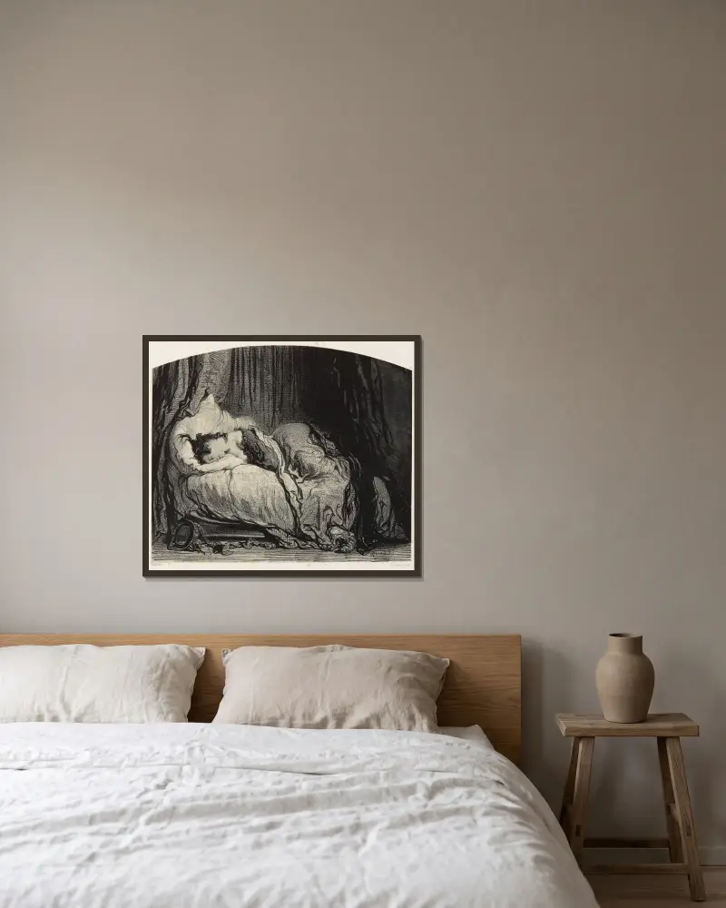 Man wird ihr verzeihen, weil sie zu viel getanzt hat von Paul Gavarni gerahmt an einer Wand