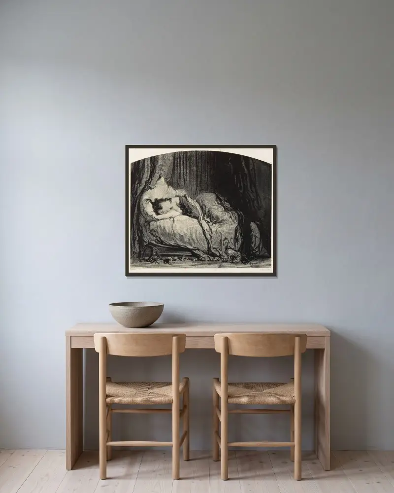 Man wird ihr verzeihen, weil sie zu viel getanzt hat von Paul Gavarni gerahmt an einer Wand