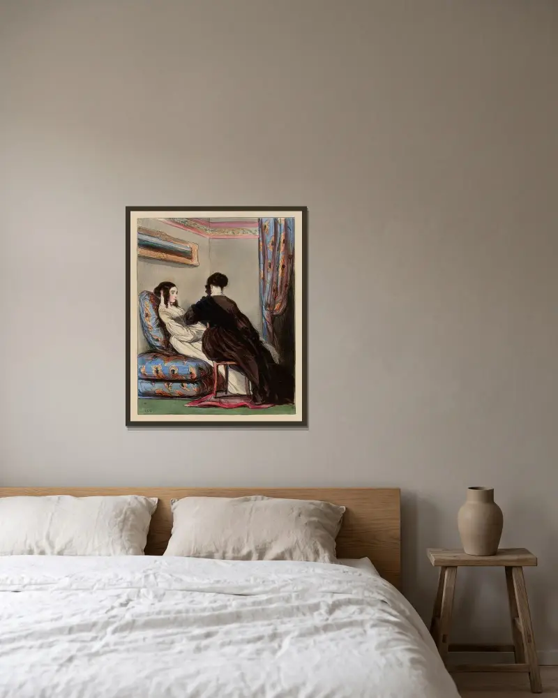Oui ma chère, mon mari a eu l’infamie de faire venir cette créature dans ma maison. Les hommes sont laches av Paul Gavarni inramad på en vägg