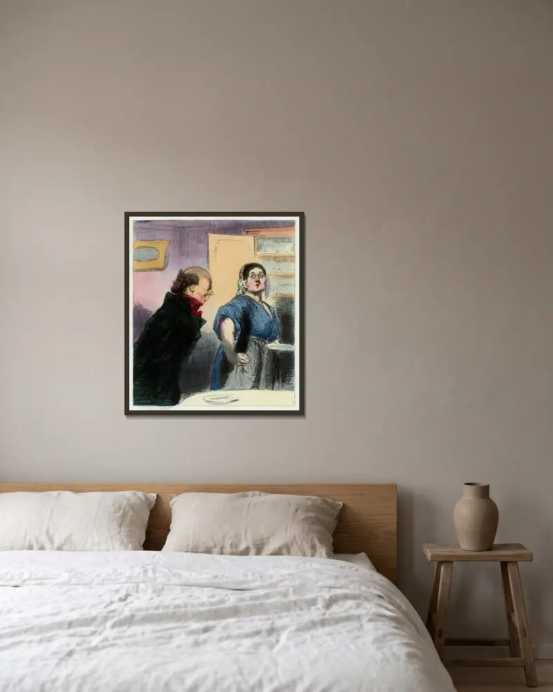 Quand t’auras fait manger tes serins, M’ame Sénéchal, je voudrais bien déjeuner, Paul Gavarni w ramie na ścianie