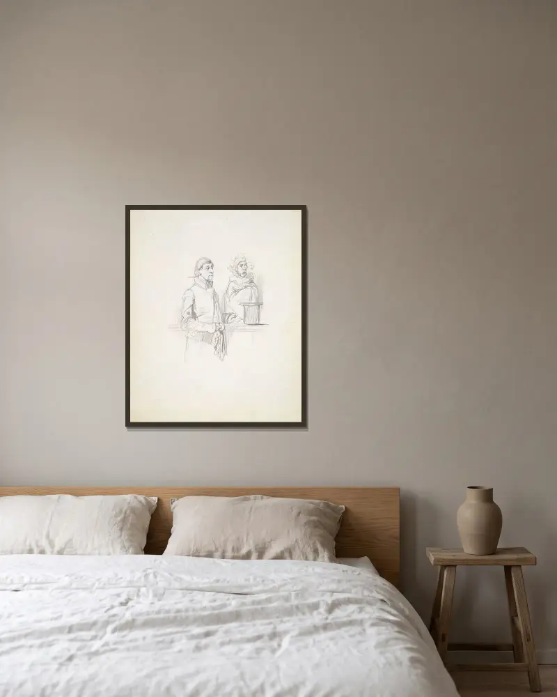 Studie für „Petites causes célèbres, Nr. 37“ („C'est une fausseté“) von Paul Gavarni gerahmt an einer Wand