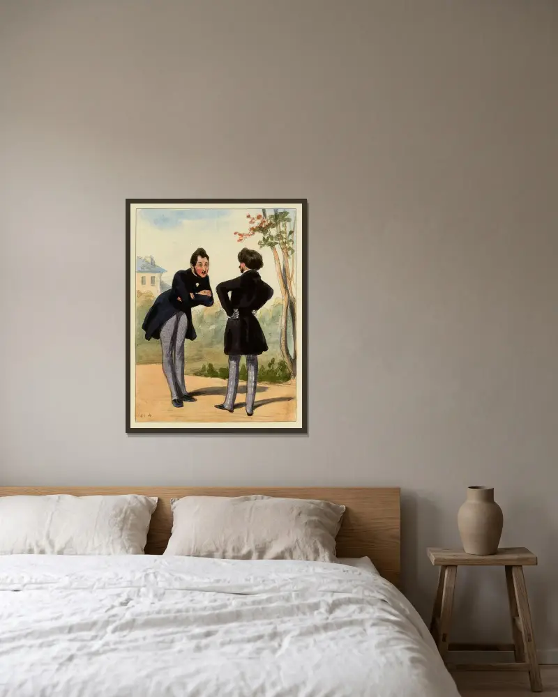 Te voilà propore Mon cher ton imbécile de Groom s’est trompé de bouquet. Ton billet pour la petite est chez ta tante av Paul Gavarni inramad på en vägg