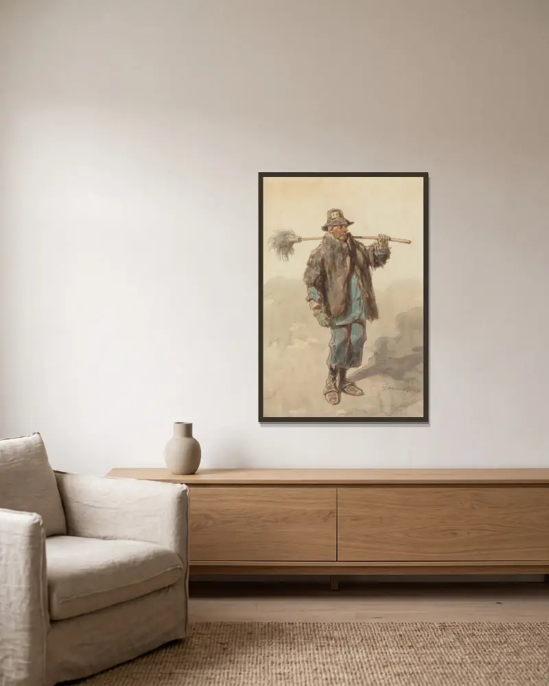 Der Straßenkehrer von Paul Gavarni gerahmt an einer Wand