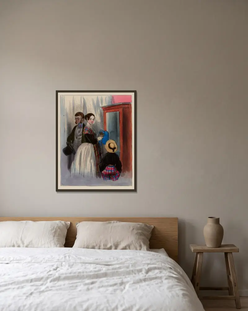 Du sätter aldrig mer på dig hatten som luktar pipa, eller hur mamma? av Paul Gavarni inramad på en vägg