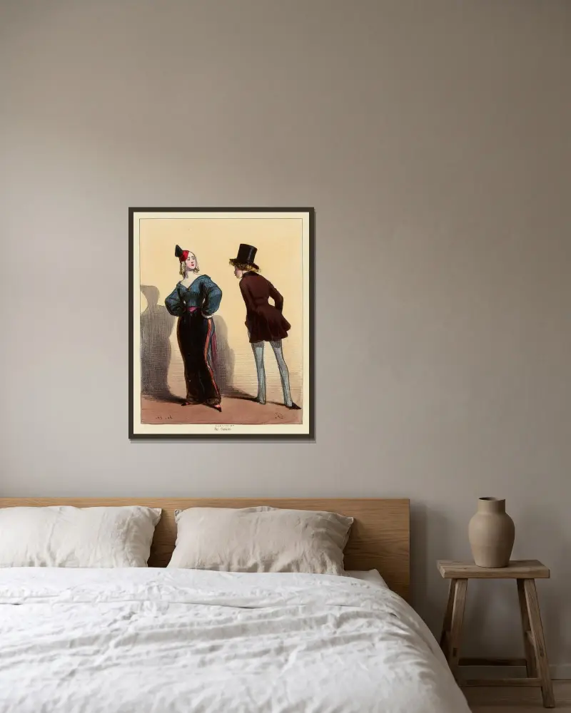 Sag deiner Mutter, sie soll dich schnäuzen von Paul Gavarni gerahmt an einer Wand