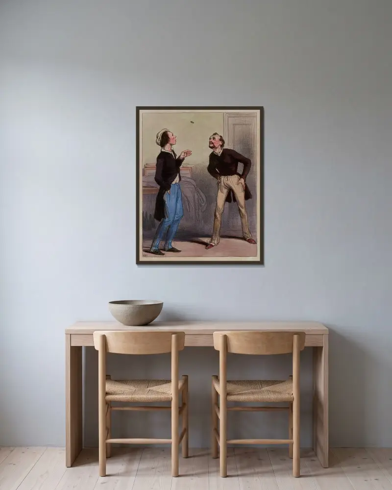 Voyons J’aime Clara, si c’est face si c’est pile, j’aime Augustine av Paul Gavarni inramad på en vägg