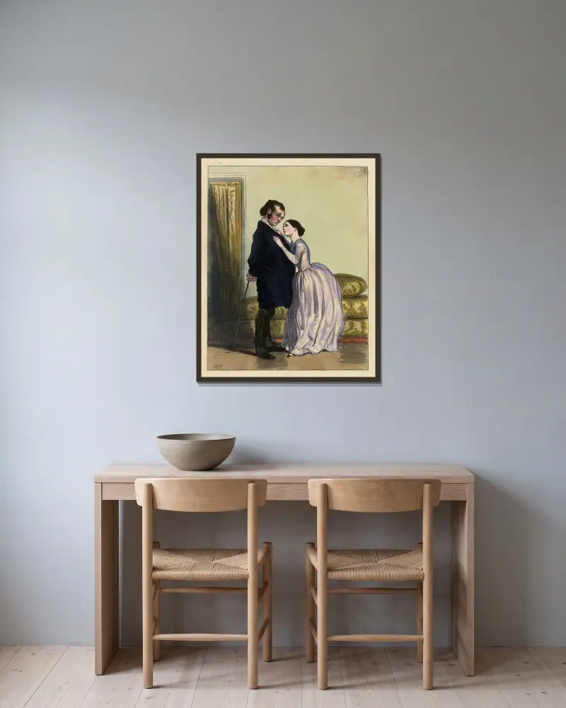 Voyons Théodore nous ne sommes donc plus la Bichette à notre petite maman av Paul Gavarni inramad på en vägg