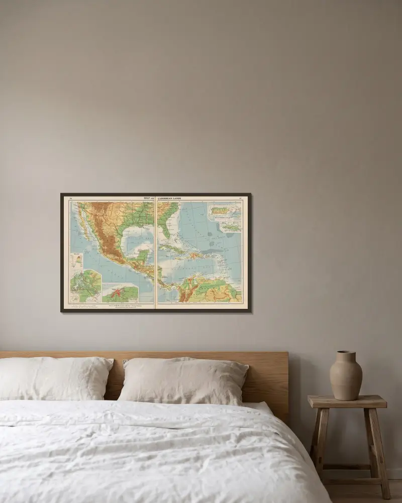 Gulfen och Karibiska länderna av John Paul Goode inramad på en vägg