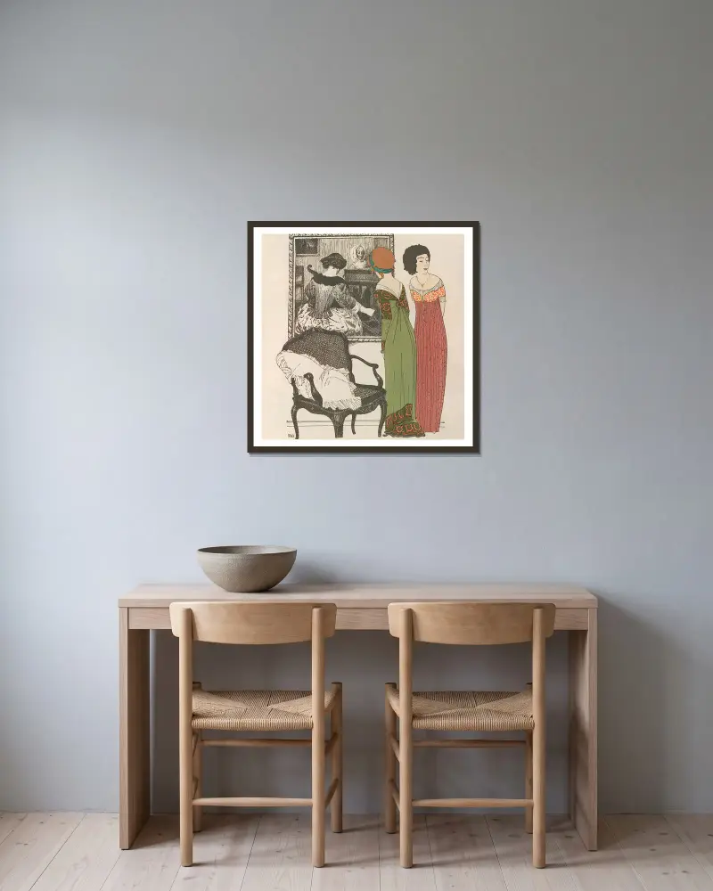 Les robes de Paul Poiret Pl.02 av Paul Iribe inramad på en vägg