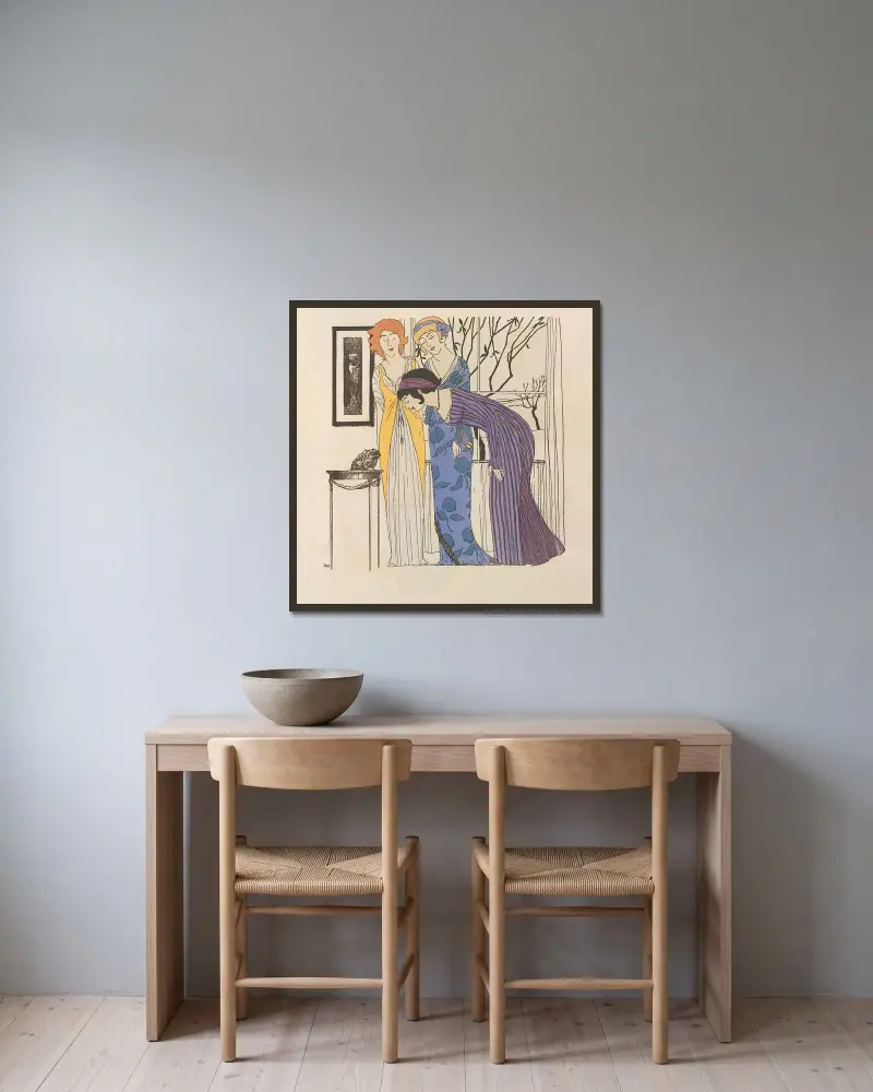 Les robes de Paul Poiret Pl.03 av Paul Iribe inramad på en vägg