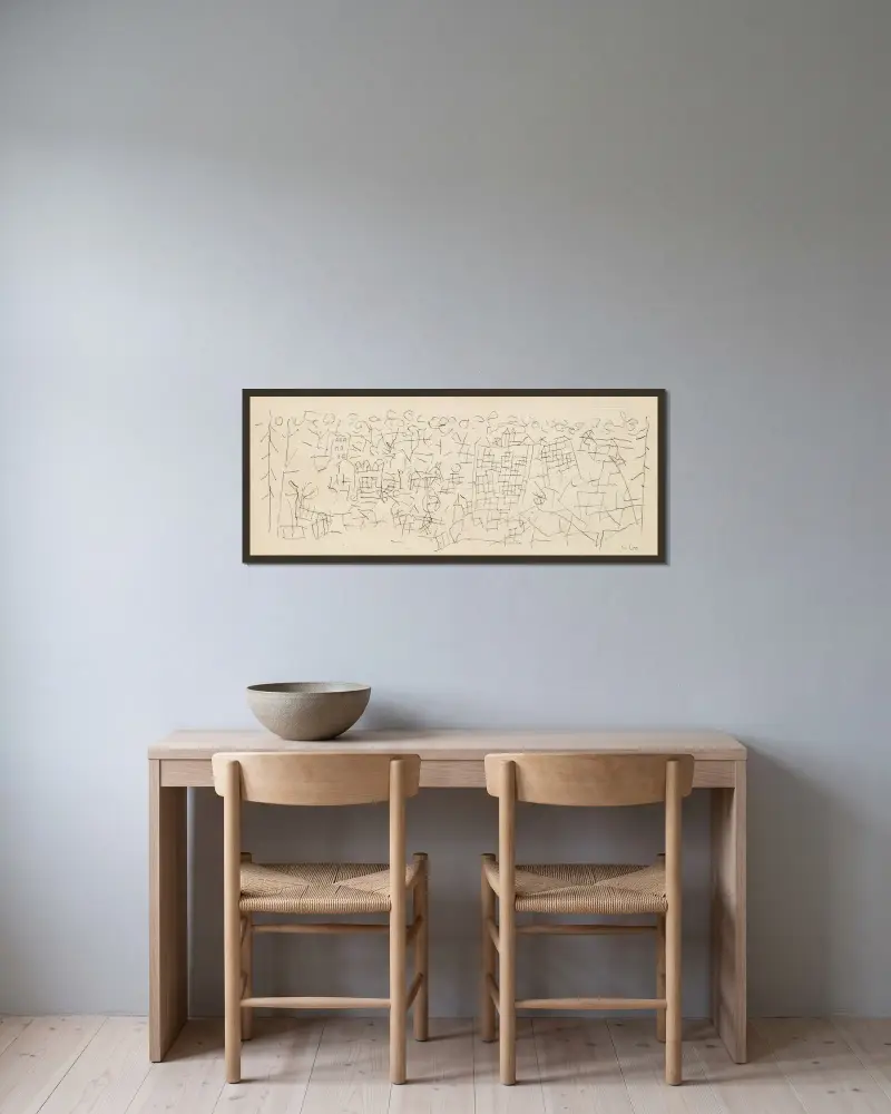 Über die Stadt von Paul Klee gerahmt an einer Wand