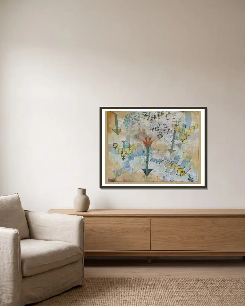 Vögel im Sturzflug und Pfeile von Paul Klee gerahmt an einer Wand