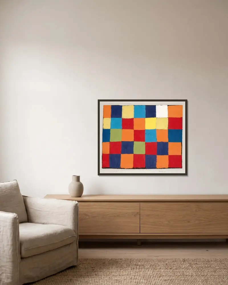Farbkarte 'Qu 1' von Paul Klee gerahmt an einer Wand