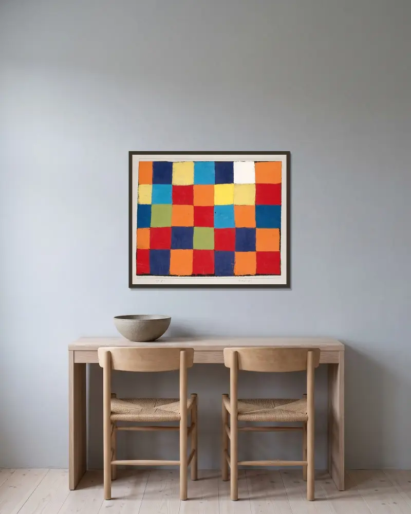 Farbkarte 'Qu 1' von Paul Klee gerahmt an einer Wand
