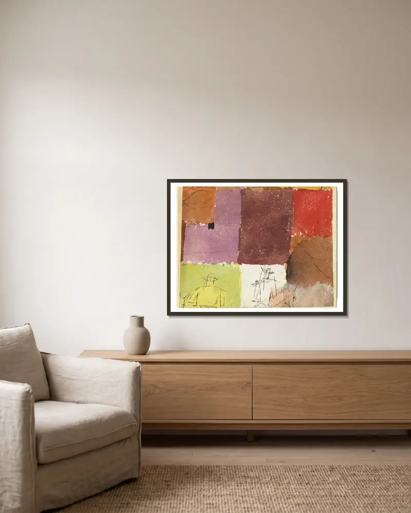 Komposition mit Figuren von Paul Klee gerahmt an einer Wand