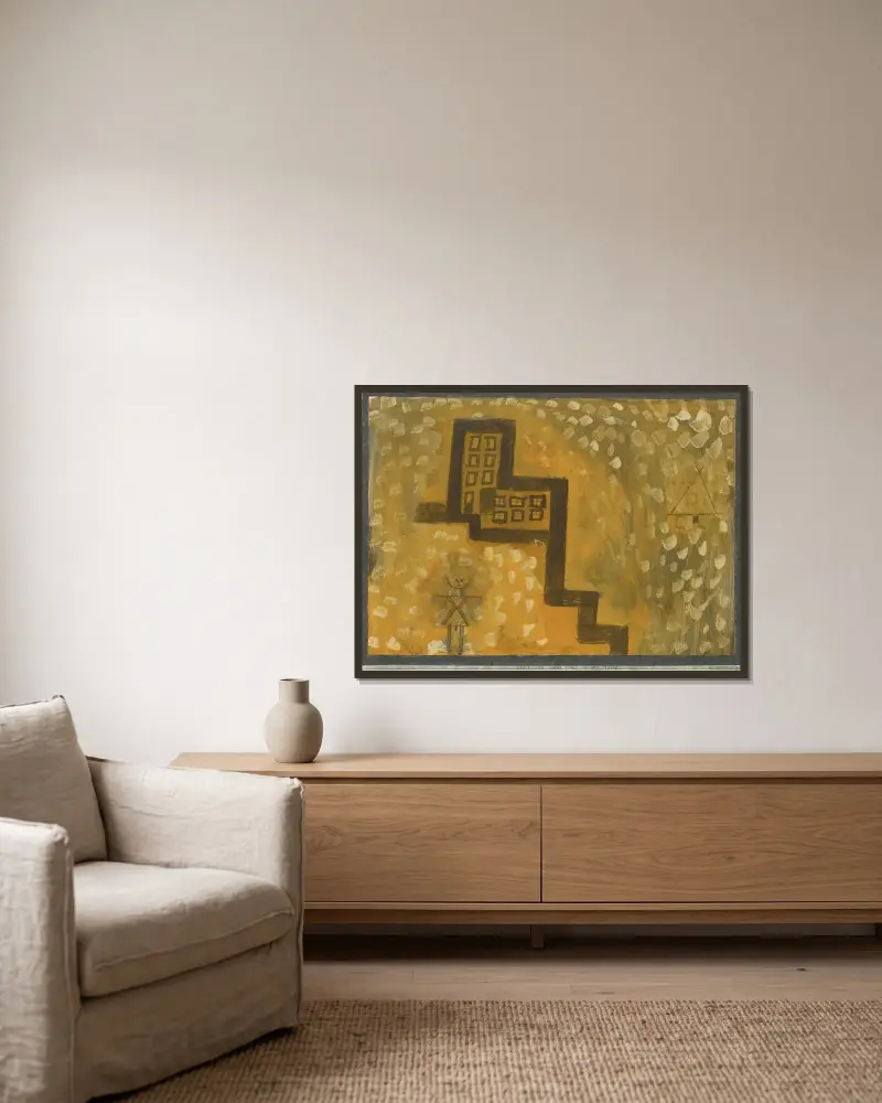 Das Haus In Der Höhe (The House On High) av Paul Klee inramad på en vägg