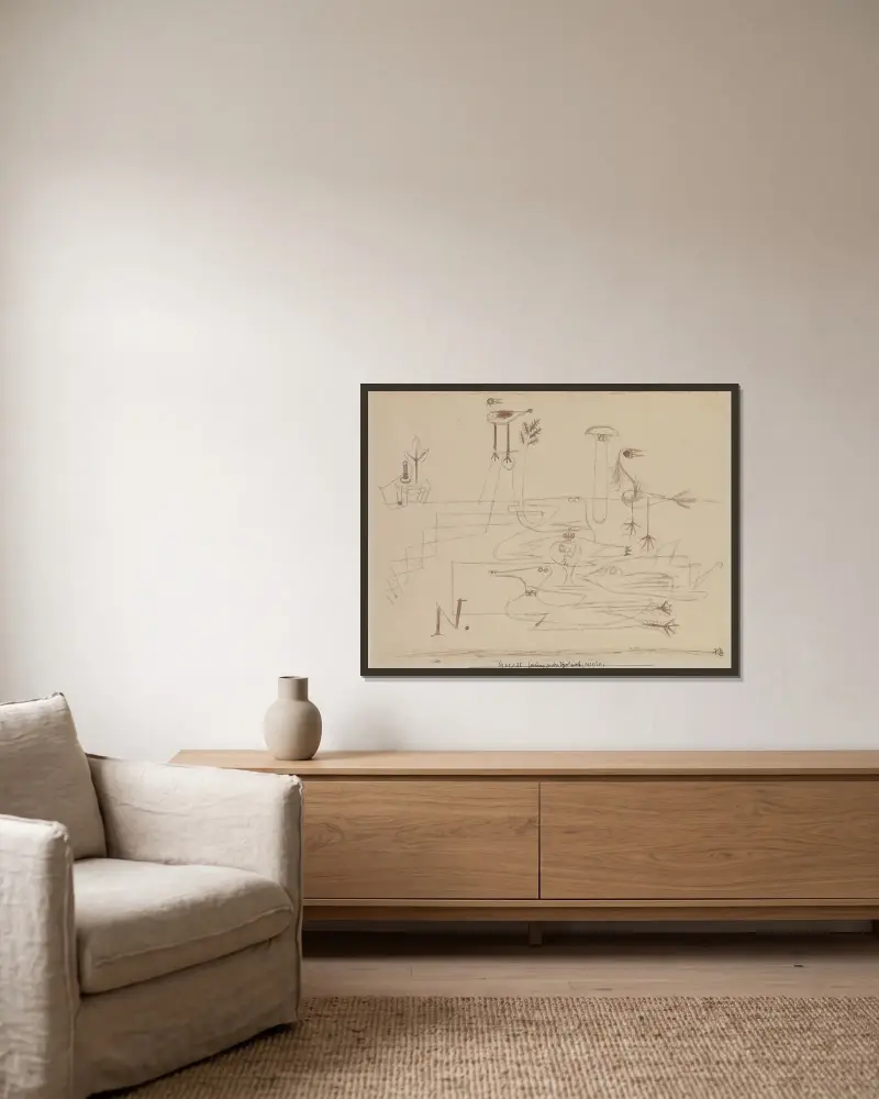 Zeichnung für Vogelinseln von Paul Klee gerahmt an einer Wand