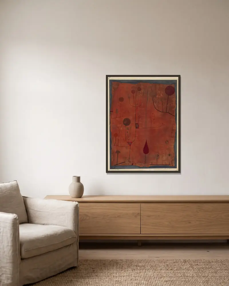 Früchte auf Rot von Paul Klee gerahmt an einer Wand
