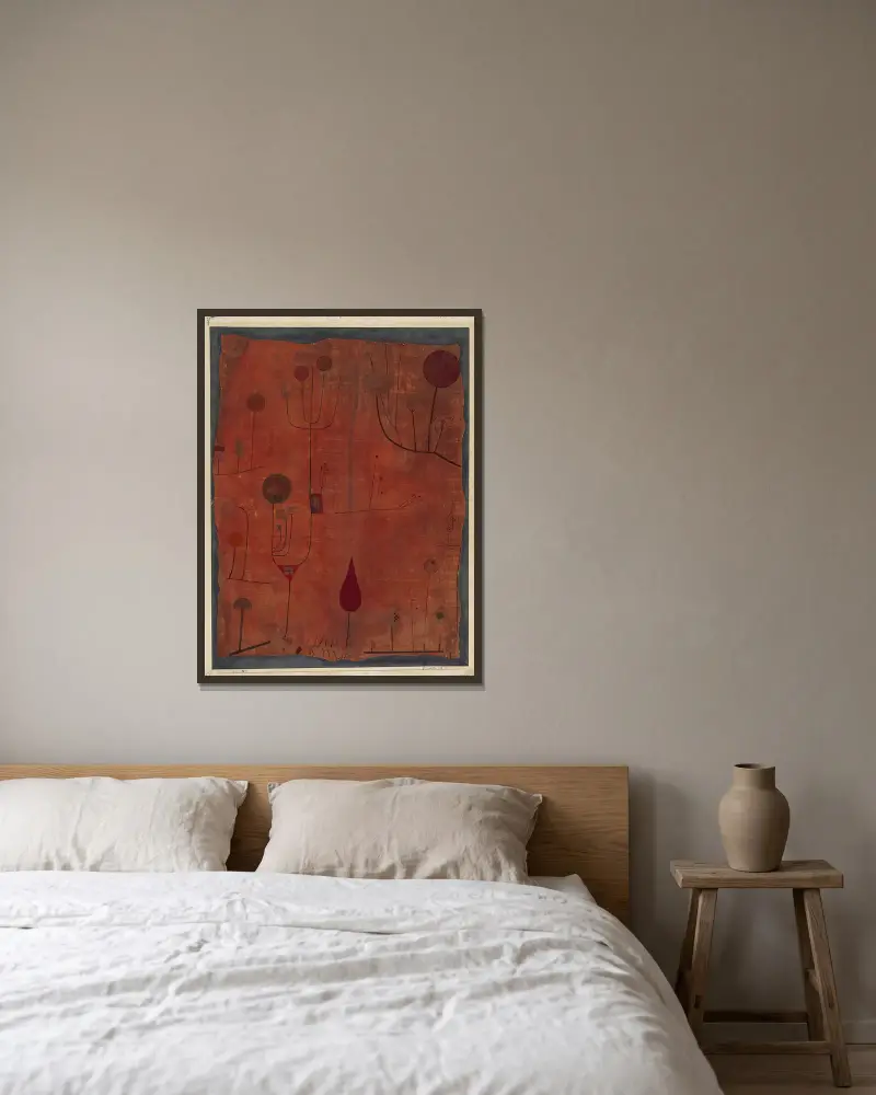 Früchte auf Rot von Paul Klee gerahmt an einer Wand