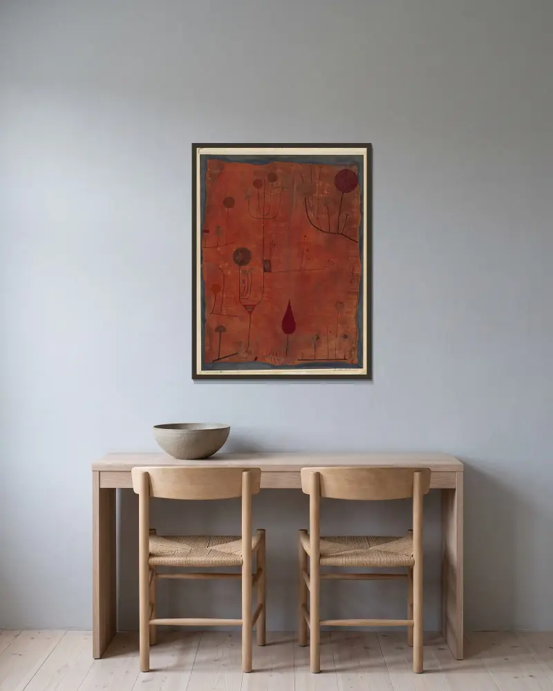 Früchte auf Rot von Paul Klee gerahmt an einer Wand