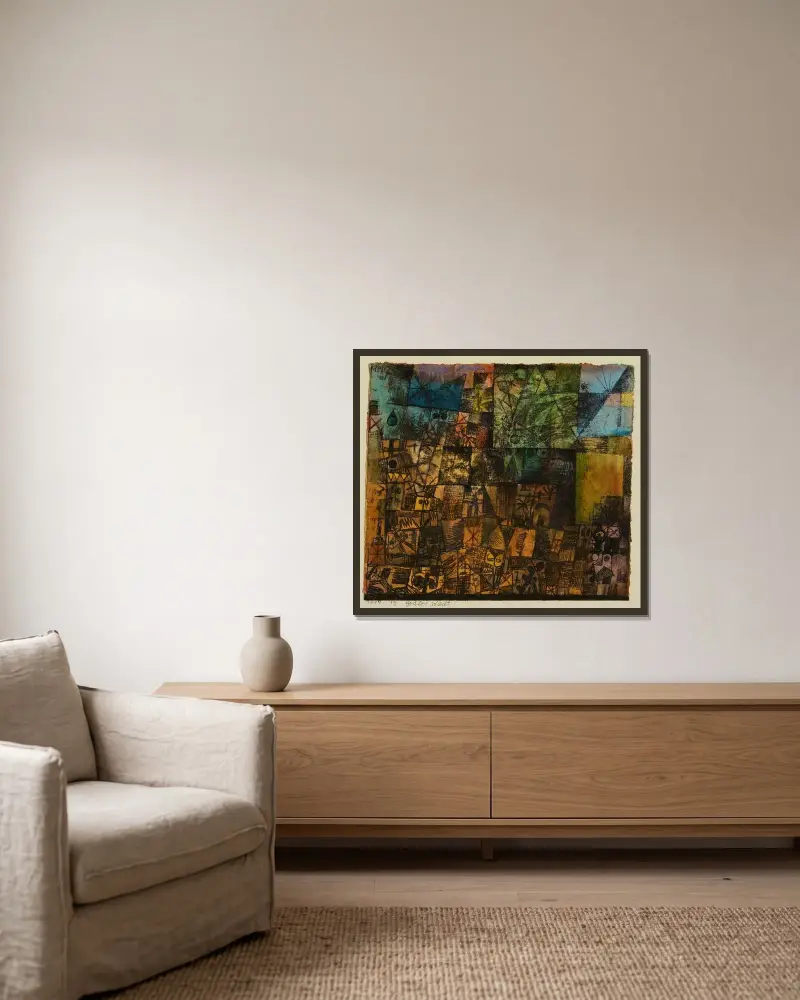 Gräberstadt von Paul Klee gerahmt an einer Wand