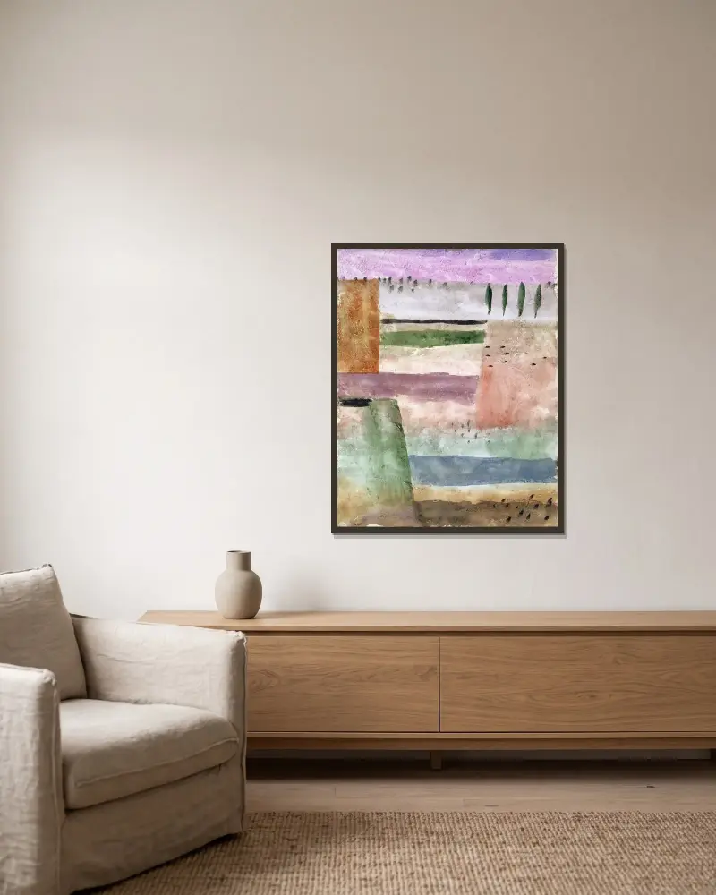 Landschaft mit Pappeln von Paul Klee gerahmt an einer Wand
