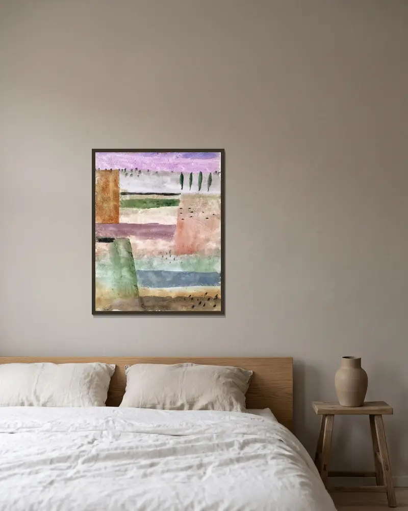 Landschaft mit Pappeln von Paul Klee gerahmt an einer Wand