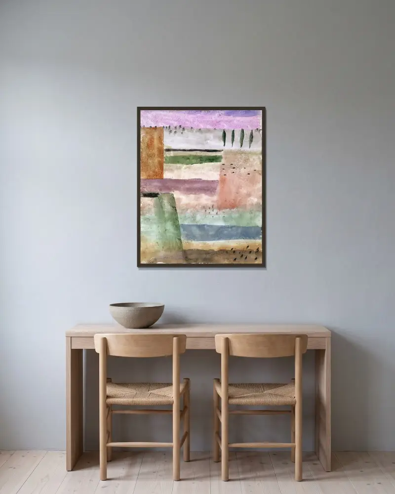 Landschaft mit Pappeln von Paul Klee gerahmt an einer Wand