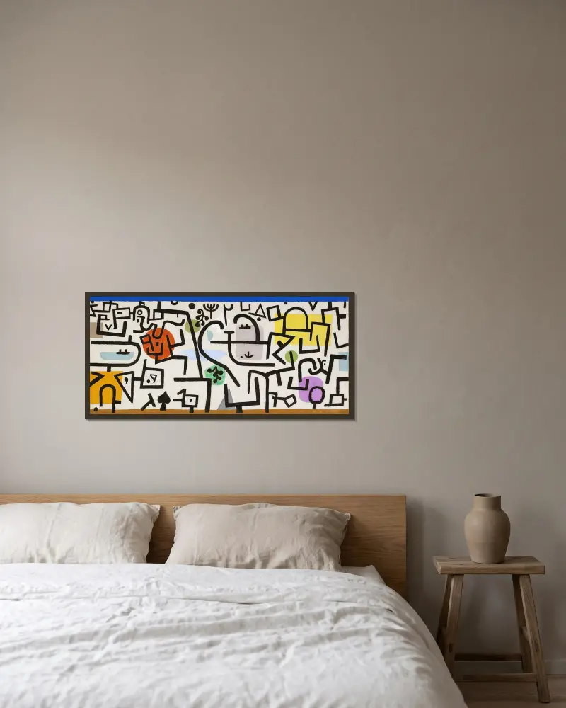 Reicher Hafen (Bild einer Reise) von Paul Klee gerahmt an einer Wand