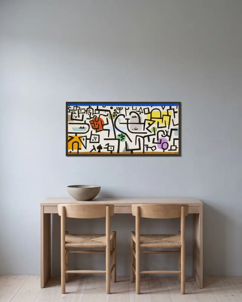 Reicher Hafen (Bild einer Reise) von Paul Klee gerahmt an einer Wand