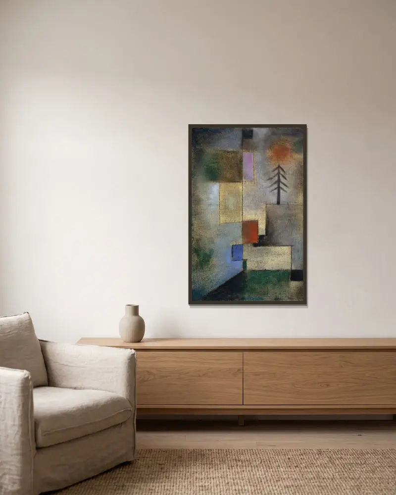 Liten bild av granar av Paul Klee inramad på en vägg