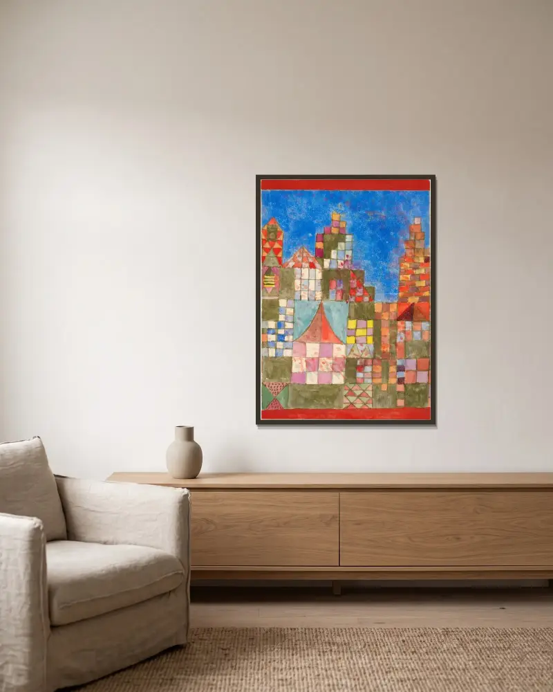 Westöstliche Bauten von Paul Klee gerahmt an einer Wand
