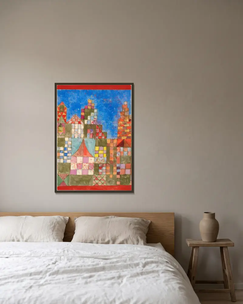 Westöstliche Bauten von Paul Klee gerahmt an einer Wand