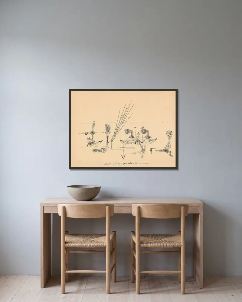 Zeichnung zum gelben Hafen av Paul Klee inramad på en vägg