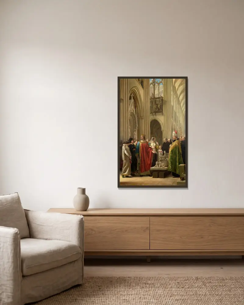 Ludvig den helige låter återställa sina föregångares kungliga gravar i koret i Saint-Denis kyrka, omkring 1231 av Charles-Paul Landon inramad på en vägg