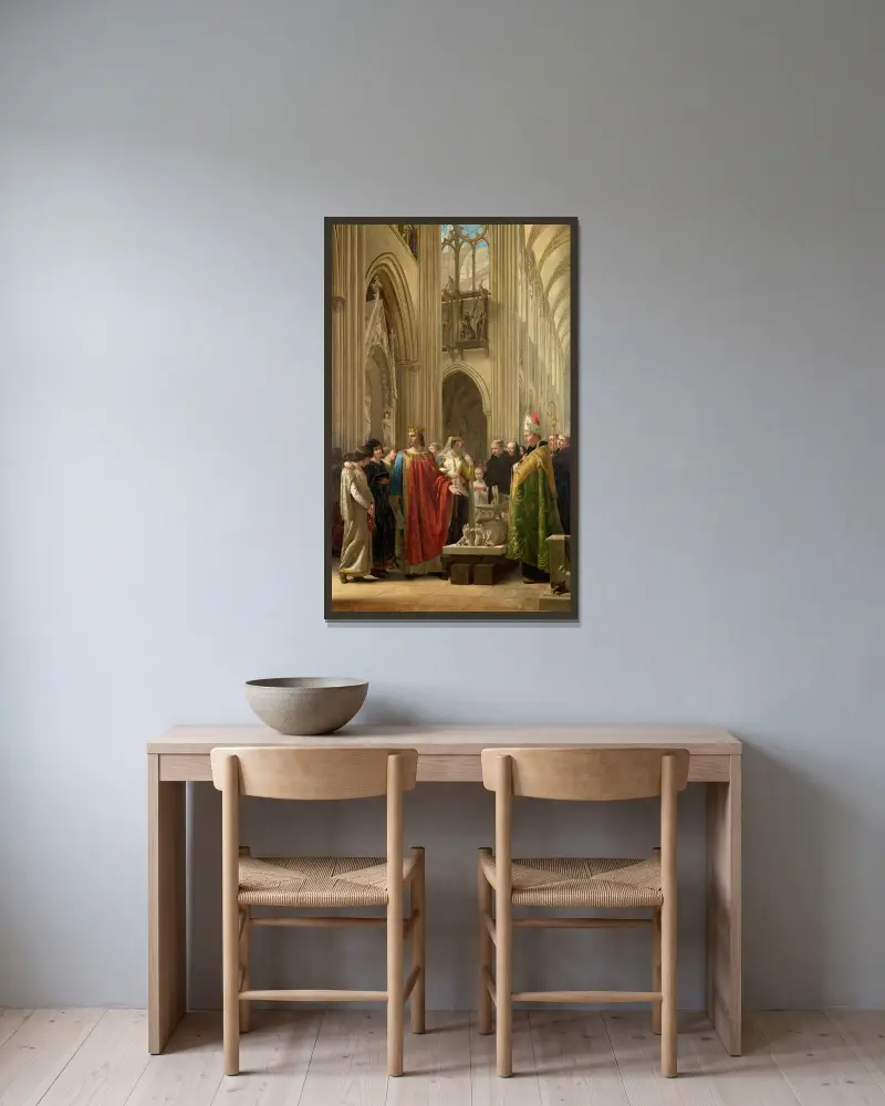 Ludvig den helige låter återställa sina föregångares kungliga gravar i koret i Saint-Denis kyrka, omkring 1231 av Charles-Paul Landon inramad på en vägg
