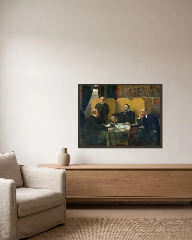 Der Sicherheitsausschuss der Stadt Paris und des Départements Seine während des Krieges 1914–1918 von Jean-Paul Laurens gerahmt an einer Wand