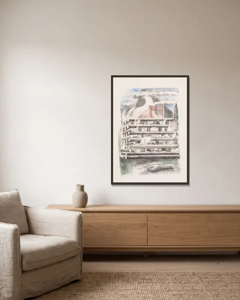Design for Urne Buriall – Funeral Pyre av Paul Nash inramad på en vägg