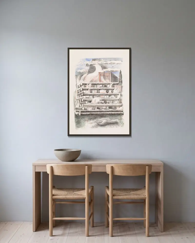 Design for Urne Buriall – Funeral Pyre av Paul Nash inramad på en vägg