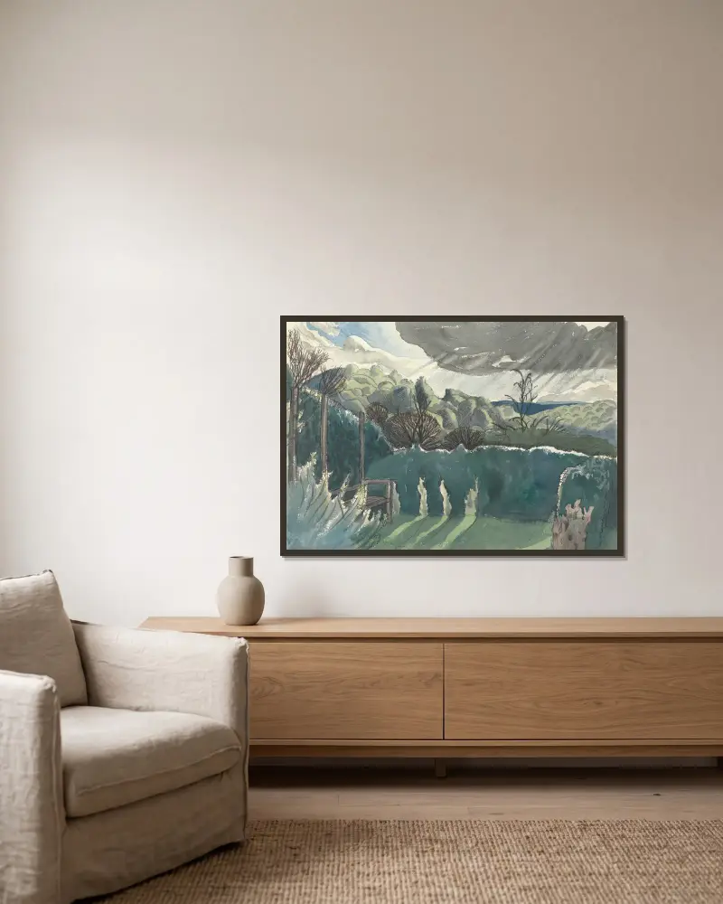 Landschaft von Paul Nash gerahmt an einer Wand