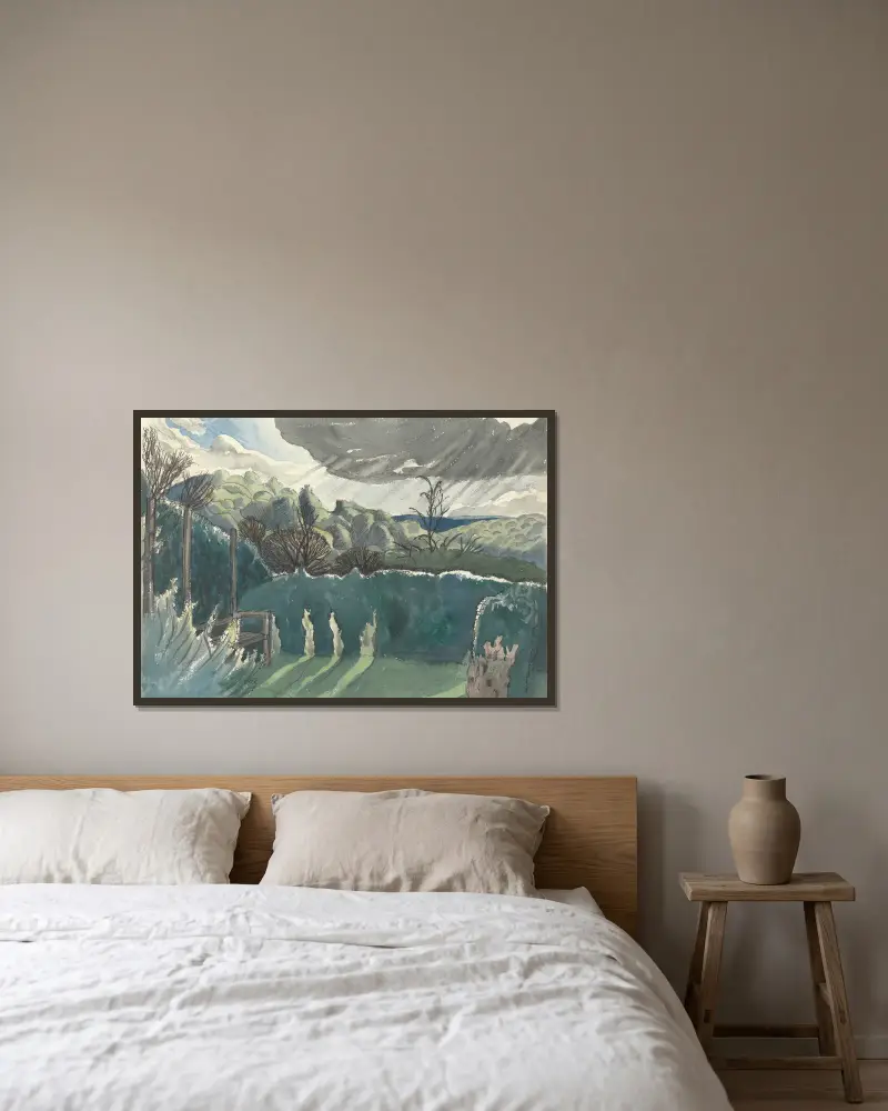 Landschaft von Paul Nash gerahmt an einer Wand