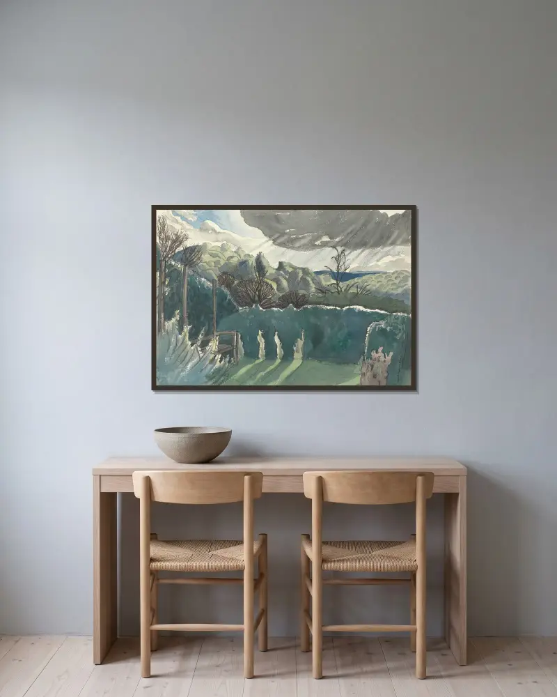 Landschaft von Paul Nash gerahmt an einer Wand